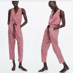 Zara printed jumpsuit XS cross back design pockets red and black